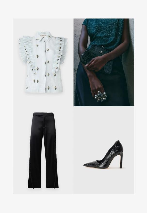 Lysblå bluse med lodrette striber, blomsterbroderi og plisserede volangærmer. Knaplukning foran med standard krave.; Sorte satinbukser med brede ben, der har frynse detaljer langs sidesømmen og en flad front talje. Ensfarvet bag uden lommer.; Sorte spidse tå stiletto-sko i krokodilleskind med et strømlinet design, høj hæl og glat sort inderside.; Sorte clutchtaske med krokodillemønster og sølvhardware, holdt mod en tekstureret grå baggrund. Har en blank overflade.