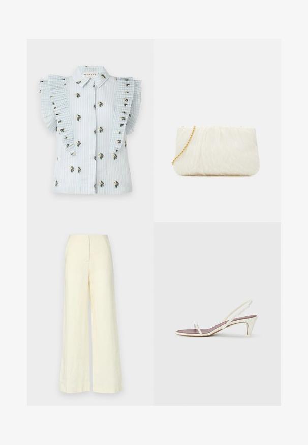 Bluză bleu deschis cu dungi verticale, broderie florală și mâneci cu volan plisate. Prindere cu nasturi pe față și guler standard.; Faithfull the brand LULEA PANT - Pantaloni - white; Sandale albe cu toc mic, curele subțiri și o textură netedă din piele; prezintă o cataramă decorativă mică.; Geantă de mână albă texturată, cu un design strâns, având o curea de lanț aurie. Finisaj neted cu valuri subtile și margini rotunjite.