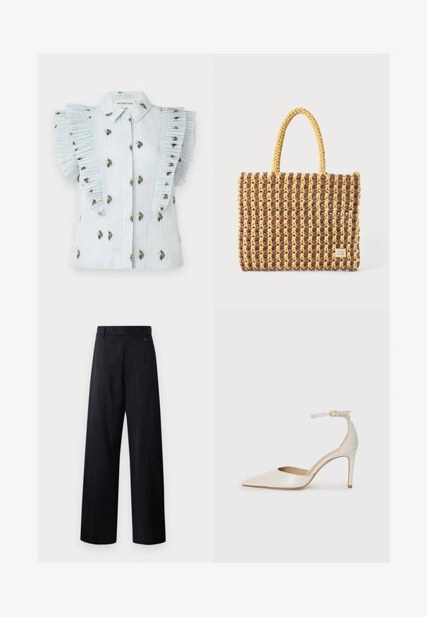 Bluză bleu deschis cu dungi verticale, broderie florală și mâneci cu volan plisate. Prindere cu nasturi pe față și guler standard.; Pantaloni cu picioare largi, în bleumarin închis, cu închidere prin buton, pliuri frontale și țesătură netedă având un design curat și elegant.; Pantofii înalți din piele albă, cu vârf ascuțit, curea la gleznă și toc subțire de tip stiletto. Textură netedă cu un finisaj subtil lucios.; Geantă țesută în nuanțe de maro și galben, cu o formă rectangulară, două bretele de mână și un finisaj texturat cu cusături vizibile și un etichetă de marcă.