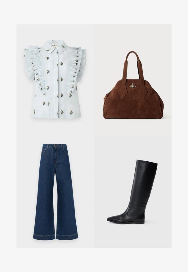 Ljusblå blus med vertikala ränder, blommig broderi och veckade volangärmar. Knappstängning fram med standardkrage.; Bredda blå denimjeans med hög midja, med knappstängning, bältesögglor och subtila sömdetaljer längs fickorna och fållarna.; Svarta läderknähöga stövlar med spetsig tå och minimalistisk design. Slät yta och platt sula, med diskreta sömmar på sidan.; Brun mockaskinnsväsk med en strukturerad form, rundad kropp och avlånga, diamantformade handtag. Har en silverfärgad låsning.