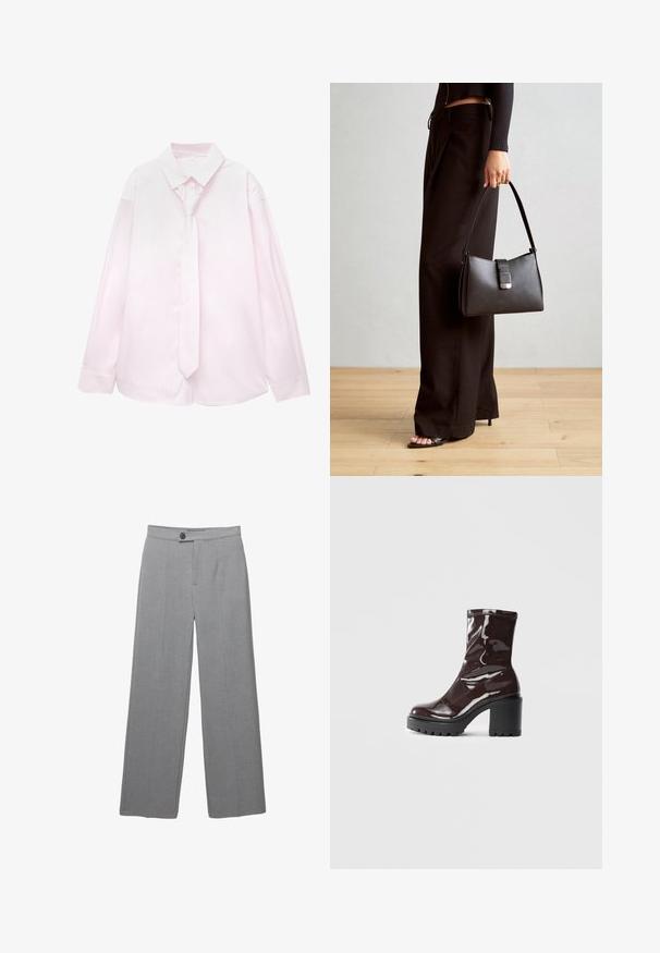 Lys pink langærmet skjorte med hvide lodrette striber og et matchende slips. Glat tekstur, knap- ned krave og manchetter.; Grå skræddersyede bukser med bred ben, flad front og subtil tekstur. Har en enkelt knaplukning og rene linjer.; Glatte burgunder ankelstøvler med en chunky sort hæl, der har en glat tekstur og et simpelt design. Ingen synlige lukninger eller mønstre.; Sort håndtaske med struktureret form, glat overflade og metalspænde. Sammen med brede sorte bukser og sandaler med åben tå på trægulv.
