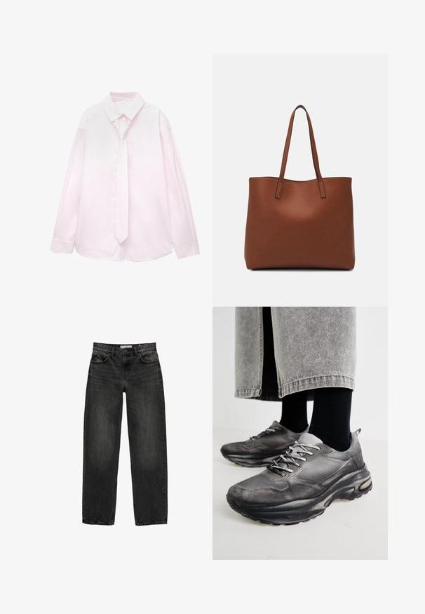 Camicia a maniche lunghe rosa chiaro con righe verticali bianche e cravatta abbinata. Tessuto liscio, colletto a camicia e maniche con polsini.; Jeans in denim nero con una vestibilità rilassata, gamba dritta, design a cinque tasche e una texture leggermente sbiadita. Chiusura con bottone e zip nella parte anteriore.; Le scarpe da ginnastica nere e grigie presentano una tomaia in rete, suole spesse e lacci. Hanno una punta arrotondata e un dettaglio di ammortizzazione visibile.; Borsa tote in pelle marrone con texture liscia, design con apertura superiore e due spallacci. Presenta cuciture minime e nessun hardware visibile.