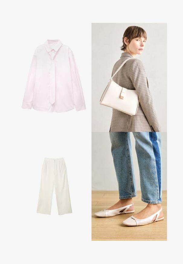 Lys pink langærmet skjorte med hvide lodrette striber og et matchende slips. Glat tekstur, knap- ned krave og manchetter.; Bredde bukser i cremefarvet stof med en glat tekstur, der har en enkelt knap foran, diskrete folder og design med høj talje.; Lyserøde slingback flade sko med spidse tær, lavet af et glat læderlignende materiale. Har udskæringsdetaljer på siderne og en flad hæl.; Hvid læder håndtaske med en struktureret design, der har en magnetlukning og en skulderrem, præsenteret mod en neutral baggrund.