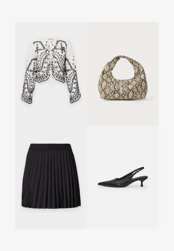 Fehér cropped felső fekete hímzett virágmintával és paisley mintával. Kerek nyakkivágással és lebegő hosszú ujjakkal rendelkezik, melyek hullámos szélekkel vannak ellátva.; Fekete, pliszírozott szoknya sima textúrával, egyszínű fekete derékrésszel és a fronthoz írt logóval.; Fekete bőr szandálcipő hegyes orral és karcsú, ívelt sarokkal. Diszkrét, állítható pánttal rendelkezik, fém csattal.; Kígyómintás kézitáska ívelt fogantyúval. Texturált, bézs és barna anyagból készült, jellegzetes gyémántmintával.