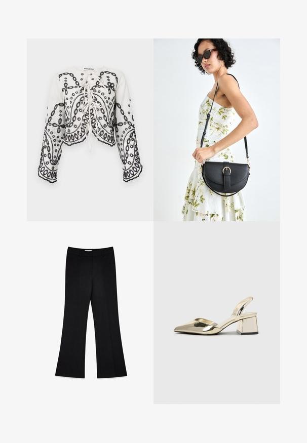 Valge lühikesed varrukad topp mustade tikanditega lille- ja paisleimustriga. Omab ümarat kaelust ja voogavaid pikki varrukaid, millel on lainelised ääred.; Mustad flared püksid sujuva tekstuuriga, kahte esipleeti ja keskmise kõrgusega vöökoht, loodud kohandatud istuvuseks.; Kuldne, metallilised slingback-kudumid terava varba ja paksu kontsaga. Sile tekstuur, minimalistlik disain ja kitsas rihm.; Mustmust mustraha kõverate joontega, eemaldatava rihmaga ja kuldsete detailidega. Kotil on klapp, millel on pandladetail.; Kuldtooni metallist kõrvarõngas, millel on elegantne ja kaarjas disain. Omab silmapaistvat teravat kuju, poleeritud pinda ja hingesulgemist.