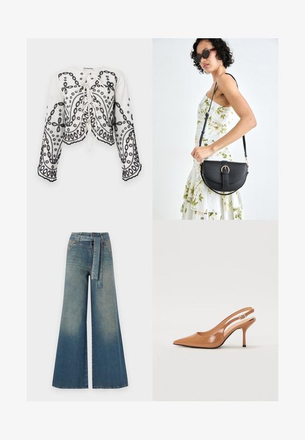 Bílý zkrácený top s černými vyšívanými květinovými a paisley vzory. Má kulatý výstřih a volné dlouhé rukávy se scalloped okraji.; Džínové kalhoty širokého střihu s přechodem od světlé k tmavě modré, vysokým pasem, poutky na opasek a odpovídajícím opaskem ze stejného materiálu. Texturovaná džínovina.; Sandy poprsko s úzkým podpatkem v hladkém, lesklém odstínu tan. Obsahuje zakřivený design s výřezem a štíhlý jehlový podpatek. Detail se stříbrnou sponou.; Černá kožená kabelka s křivkovým tvarem, odnímatelným popruhem a zlatými detaily. Kabelka má klopu s přezkou.