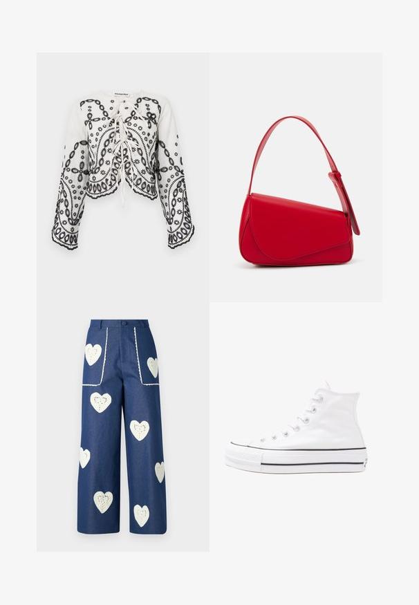 Top alb cu croială scurtă, decorat cu broderie florală și motive paisley negre. Are un gât rotund și mâneci lungi fluide, cu margini din dantelă.; Sister Jane HEART TO HEART - Blugi drepți - blue denim; Adidași albi tip pantofi sport cu glezna din pânză, cu talpă din cauciuc negru, capac de vârf din cauciuc frontal și șase ochiuri pentru șireturi, având un design curat și minimalist.; Geantă de mână din piele roșie, cu un design unghiular și geometric. Dispune de o singură curea ajustabilă și un sistem de închidere cu clapetă, cu detalii cusute.