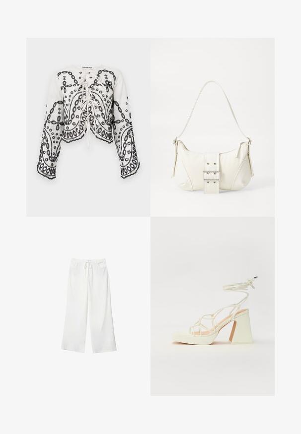 Biely skrátený top s čiernymi vyšívanými kvetinovými a paisley vzormi. Vybavený okrúhlym výstrihom a voľnými dlhými rukávmi so zúbkovanými okrajmi.; Biele široké nohavice vyrobené z mäkkej látky, s pásekom na sťahovanie a dvoma prednými vreckami. Hladká textúra a bez viditeľných vzorov.; Biele sandále na vysokom opätku s hrubým podpätkom, s pruhovaným dizajnom a viazaním na členku. Hladký povrch s platformou vpredu pre zvýšenú výšku.; Biela taška cez rameno s textúrovaným povrchom, centrálnou prackou a zakriveným tvarom. Zipsy na oboch stranách.
