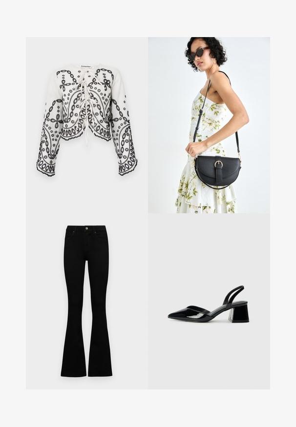 Biely skrátený top s čiernymi vyšívanými kvetinovými a paisley vzormi. Vybavený okrúhlym výstrihom a voľnými dlhými rukávmi so zúbkovanými okrajmi.; Čierne vysoké nohavice s gombíkom a zipsom, predné vrecká a rozšírené nohavice položené na bielom pozadí.; Čierne lakované kožené sandálové podpätky s špicatou špičkou a geometrickým blokovým podpätkom. Disponujú elegantným, minimalistickým dizajnom a hladkým povrchom.; Čierna kožená kabelka s zaobleným tvarom, odnímateľným popruhom a zlatými doplnkami. Kabelka má klopu s detailom s prackou.