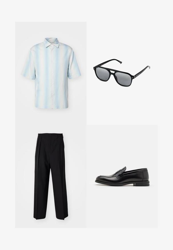 sandro Camicia - bleu; Pantaloni neri a pieghe con un design dritto e gamba larga. Realizzati in tessuto morbido, con chiusura a bottone e passanti per cintura.; Mocassini neri in pelle con una texture liscia, punta arrotondata e una striscia decorativa sulla tomaia. Tacco basso impilato, design minimalista.; Occhiali da sole neri con montatura rettangolare, lenti grigie oscurate e design con intaglio sul ponte. Materiale plastico lucido e slanciato, con tempie sottili.