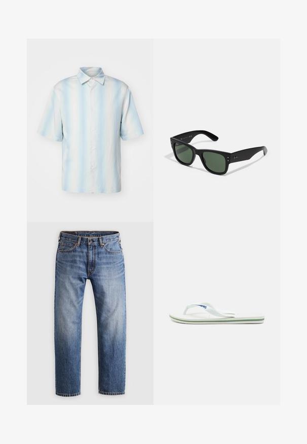 sandro Camicia - bleu; Jeans in denim blu a gamba dritta con chiusura a bottone e cerniera, cinque tasche e cuciture arancioni su uno sfondo grigio chiaro.; Infradito bianchi con una soletta testurizzata, strap sottile e una linea di accento multicolore sulla suola. Presenta il logo sulla fascia.; Occhiali da sole neri rettangolari con lenti verdi, finitura opaca, dettagli hardware discreti e logo impresso sulla tempia.