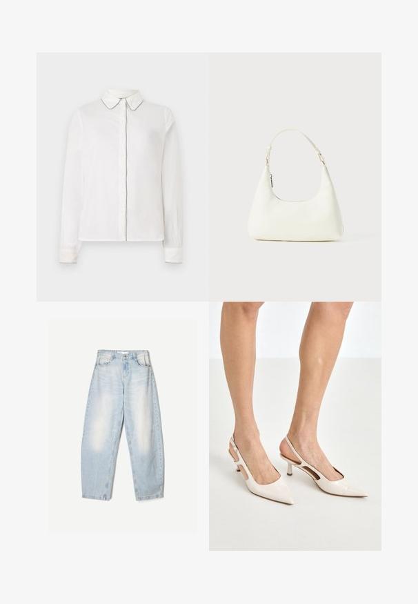 White long-sleeve shirt with a pointed collar and contrasting trim along the edges, buttoned down the front. Simple and elegant design.; Light blue lace tank top with thin straps, featuring a scalloped lace trim and floral pattern, designed for a fitted silhouette.; Light blue denim jeans with a loose fit, featuring a faded finish, two front pockets, and a button closure at the waistband.; Beige patent leather slingback heels with a pointed toe and 5 cm heel, featuring cut-out sides and a thin ankle strap.; Small white shoulder bag with a single adjustable strap and a zipper closure, set against a plain white background.