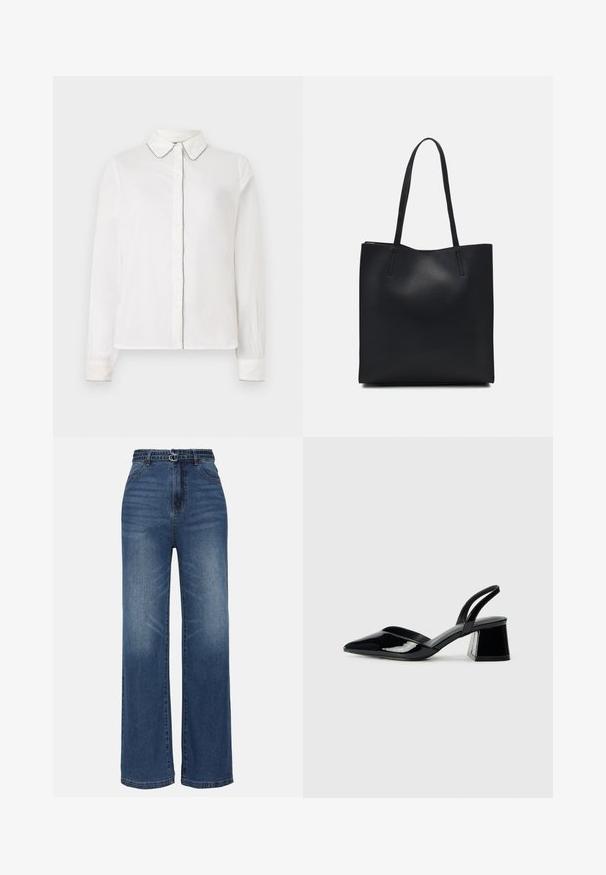Weißes Langarmhemd mit spitzem Kragen und kontrastierenden Kanten entlang der Ränder, knackig zugeknöpft auf der Vorderseite. Einfaches und elegantes Design.; Weite blaue Denim-Jeans mit hoher Taille, zwei Metall-Schnallen, subtilen Verwaschungen und dem klassischen Fünf-Taschen-Design.; Schwarze Lackleder-Slingback-High Heels mit spitzem Schuh und einem geometrischen Blockabsatz. Verfügt über ein schlankes, minimalistisches Design und eine glatte Textur.; Schwarze Laptoptasche aus Leder mit glatter Textur, rechteckiger Form und zwei langen Griffen. Keine sichtbaren Beschläge oder Verzierungen.
