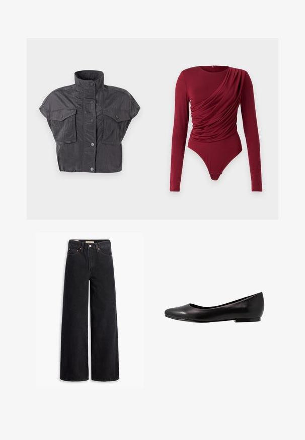 Veste cropped grise courte avec un col montant, des manches courtes, une fermeture à boutons et deux poches poitrine. Fabriquée dans un tissu froissé et texturé.; Body à manches longues en rouge profond, avec un tissu drapé, un col plongeant et une fermeture à pression en bas, fabriqué à partir d'un matériau extensible doux.; Jean noir à jambe large en denim, comportant cinq poches, des rivets en laiton et une fermeture à bouton classique. Texture lisse avec un design épuré.; Ballerine noire en cuir verni avec un bout arrondi et une semelle basse et plate. Sa texture est lisse avec un design simple et épuré.