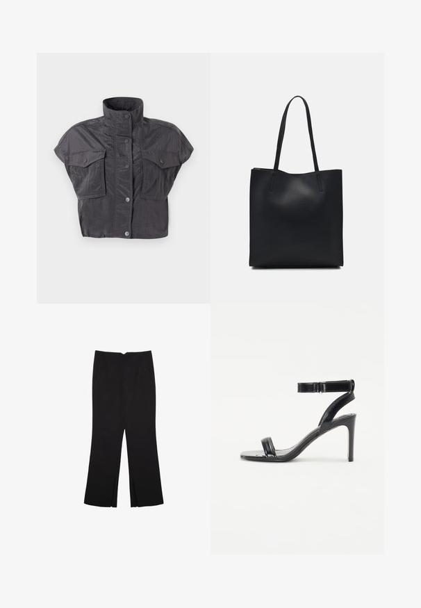 Lyhyt harmaa lyhythihainen takki, jossa on korkea kaulus, napitus edessä ja kaksi rintataskua. Valmistettu ryppyisestä, tekstuuripinnasta.; Mustat housut suoralinjaisella leikkauksella, joissa on etutaskut ja sivurei'ät helman alla. Valmistettu pehmeästä ja sileästä kankaasta. Sopii eri tilaisuuksiin.; Musta korkokenkä, jossa on kiiltävä pinta, kahdella kapealla hihnalla ja nilkkahihnalla, asetettuna hoikalle stiletto-korkealle.; Mustapahkainen kangaskassi, jossa on sileä pinta, suorakaiteen muotoinen ja kaksi pitkää kahvaa. Ei näkyvää metalliosaa tai koristeita.