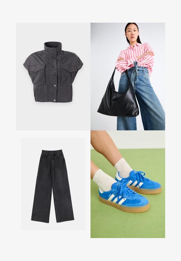 Lühike hall crop-jakk kõrge kraega, lühikeste varrukatega, nööbiga kinnitamine ja kaks rinna taskut. Valmistatud kortsusest, tekstureeritud kangast.; Mustad kõrge vöökoht ja laiad jäänud teksad, klassikaline viie tasku disain ja kerge kulumine. Vastupidav kangas, millel on sile tekstuur.; Sinine nubukist sneakerite jalanõud valgete triipudega, kummist talla, ümarate varvaste ja kangast paeltega. Kombineeritud kreemivärvi sokkidega rohelisel pinnal.; Must musta õlakott lahtise kuju ja õmbluse detailidega. Mudel kannab roosa ja valge triibulist särki koos laia jalgadega siniste teksadega.