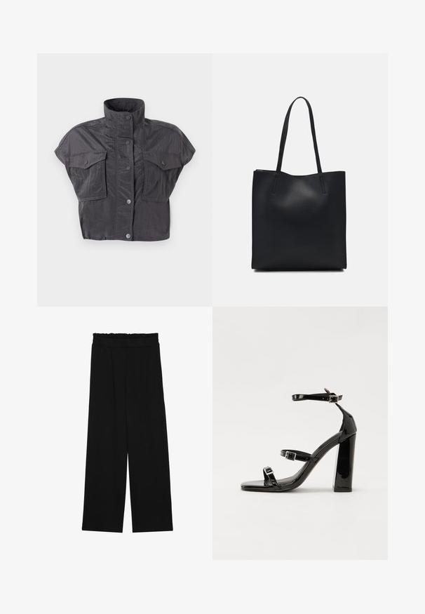Jachetă scurtă gri, cu guler înalt, mâneci scurte, închidere cu nasturi și două buzunare pe piept. Fabricată dintr-un material texturat, șifonat.; Pantaloni largi negri cu un tiv volant, cu două buzunare laterale și un material neted, ușor. Fără modele vizibile sau accesorii.; Sandale cu toc din patent negru, cu vârf pătrat, curele la gleznă și catarame din argint. Dispune de un toc gros pentru stabilitate.; Geantă tote neagră din piele, cu textură netedă, formă rectangulară și două mânere lungi. Fără hardware vizibil sau ornamente.