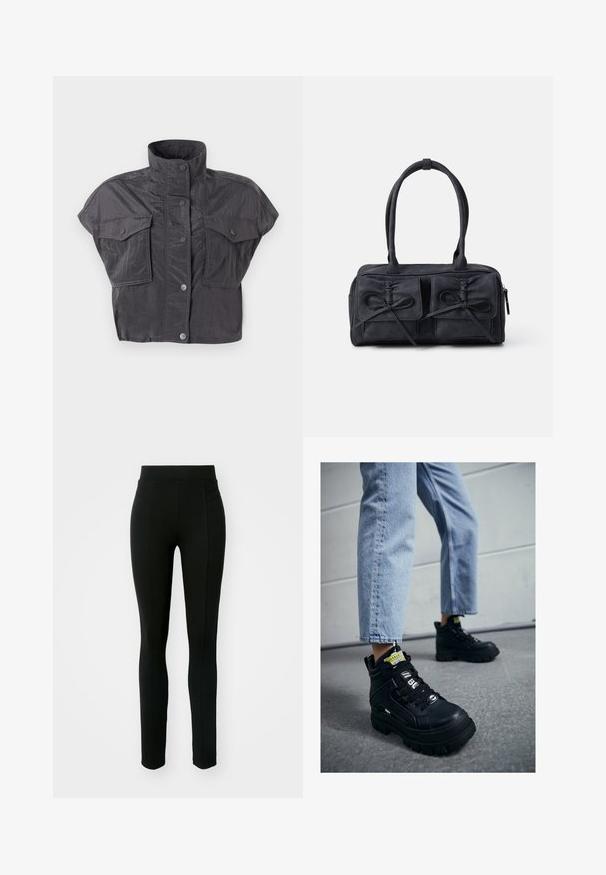 Korte grijze cropped jas met hoge kraag, korte mouwen, knoopsluiting en twee borstzakken. Gemaakt van een gekreukt, gebreid materiaal.; Zwarte leggings van rekbaar materiaal, met een hoge taille, slim fit en twee voorzakken zonder zichtbare naden.; Zwarte hoge sneakers met een chunky zool, voorzien van vetersluiting, logo-accenten en gele labels. Gdragend met lichtblauwe cropped jeans.; Zwarte stoffen handtas met twee voorzakken met strikdetails, dubbele handvatten en ritssluiting. Zachte textuur en rechthoekige vorm.