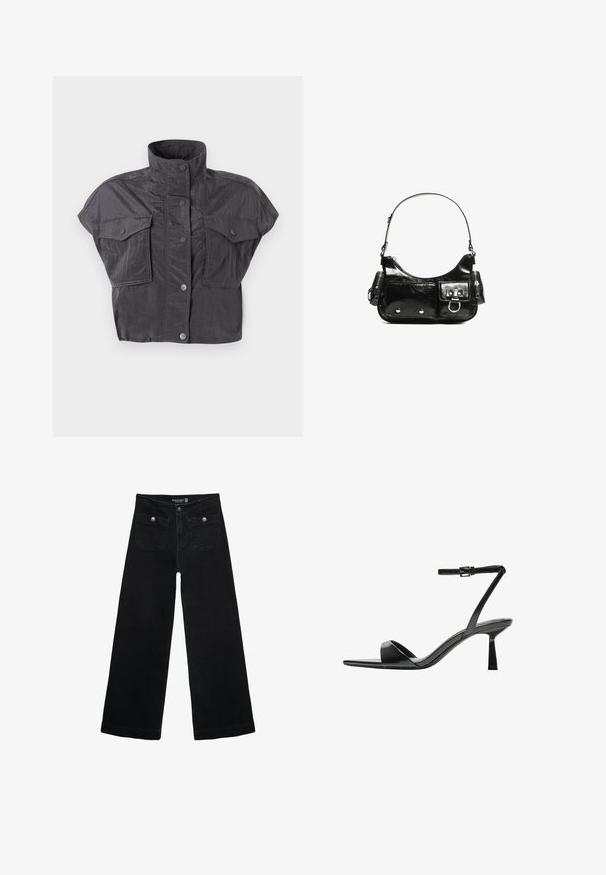 Giacca grigia corta con colletto alto, maniche corte, chiusura con bottoni e due tasche sul petto. Realizzata in un tessuto stropicciato e testurizzato.; Jeans neri a gamba larga con vita alta, dotati di due tasche frontali e dettagli in metallo sui bottoni. Il tessuto ha una texture liscia.; Bershka Sandali con tacco - black; Borsa a spalla in vernice nera con forma curvata, una tracolla, tasche frontali e dettagli in metallo argentato.