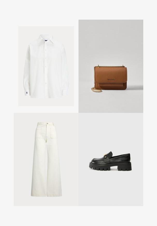 Witte lange mouwen shirt met een klassieke kraag, knoopsluiting en een klein borduurd logo op de manchet. Soepele katoenstof met een eenvoudige textuur.; Wijd-zit jeans van off-white denim. Hooggaande taille met een knoopsluiting, twee voorzakken en contrasterende stikdetails.; Zwarte leren instappers met een chunky zool, met een goudkleurige accent aan de voorkant en een gladde afwerking. Chunky profielontwerp op de zool.; Bruine lederen schoudertas met textuur, voorzien van een gouden kettingstrap en klepsluiting. De voorkant heeft een logo-detail en een zak onder de klep.