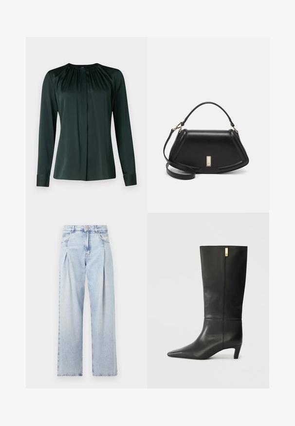 Mörkgrön blus med långa ärmar i ett slätt material, med rund hals, plisserad front och knäppte ärmslut för en strukturerad look.; Ljust blå denimjeans med hög midja, vida ben, två sidofickor och veckad design. Mjuk textur med en blekt finish.; Svarta läderknähöga stövlar med spetsig tå och låg klack. Har en elegant design med en guldfärgad detalj. Slät yta.; Svart läderhandväska med en strukturerad design, som har en avskuren form, ett handtag upptill och guldiga detaljer. Justerbar axelrem ingår.