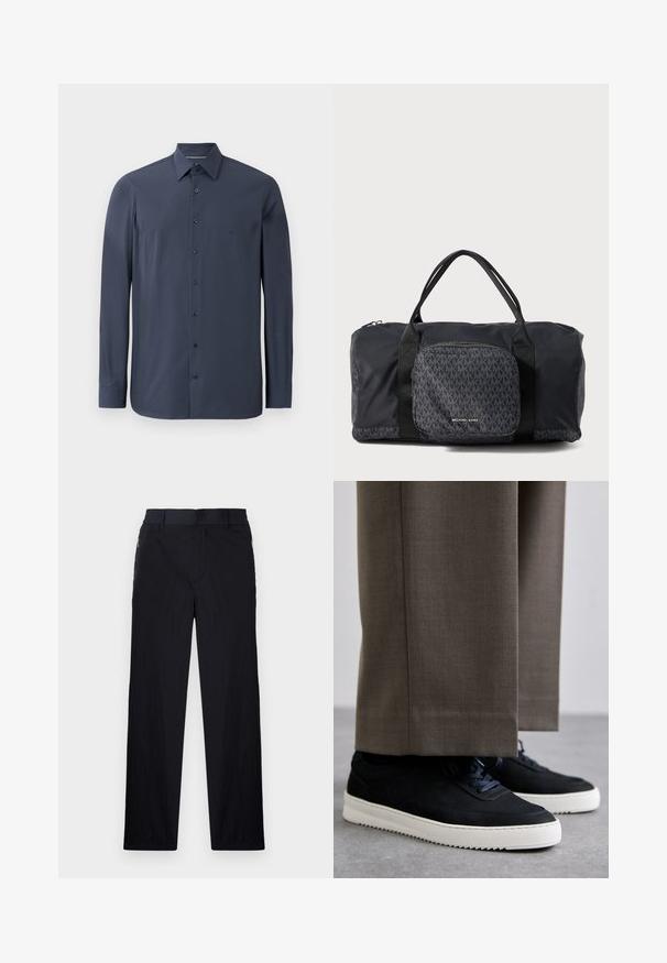 Ilgās piedurknes tumši zila krekls, kas izgatavots no gludas auduma, ar pogām pie apkakles un melnām pogām priekšpusē. Redzama smalka tekstūra.; Melni bikses ar vieglu, teksturētu audumu, taisnu kāju dizainu, elastīgu jostu un sānu rāvējslēdzēju kabatām.; Melni zamšaini sporta apavi ar baltām gumijas zolēm, ar noapaļotu purngalu un auklām, valkāti ar pelēkiem piegrieztiem biksēm.; Melna Michael Kors duffel soma ar divām rokturām, priekšējais rāvējslēdzēja kabata ar atkārtotu MK logo rakstu un Michael Kors zīmolu.