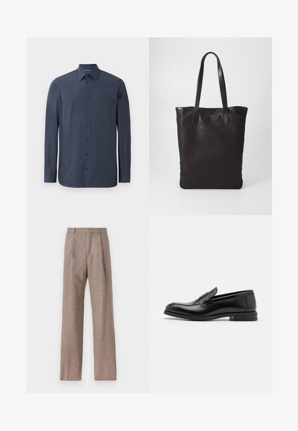 Cămășă cu mâneci lungi, de culoare bleumarin, confecționată dintr-un material neted, având guler cu nasturi și nasturi negri pe partea din față. Detaliu de textură subtilă vizibil.; Pantaloni bej, cu talie înaltă, dintr-un material texturat. Prezintă picioare late și două pliseuri frontale pentru structură. Finisaj îngrijit, fără accesorii vizibile.; Mocasini din piele neagră cu o textură netedă, vârf rotund și o curea decorativă peste partea superioară. Toc mic, design minimalist.; Geantă de umăr din pânză neagră cu mânere din piele neagră. Design simplu, corp spațios și textură netedă. Fără logo-uri sau modele vizibile.