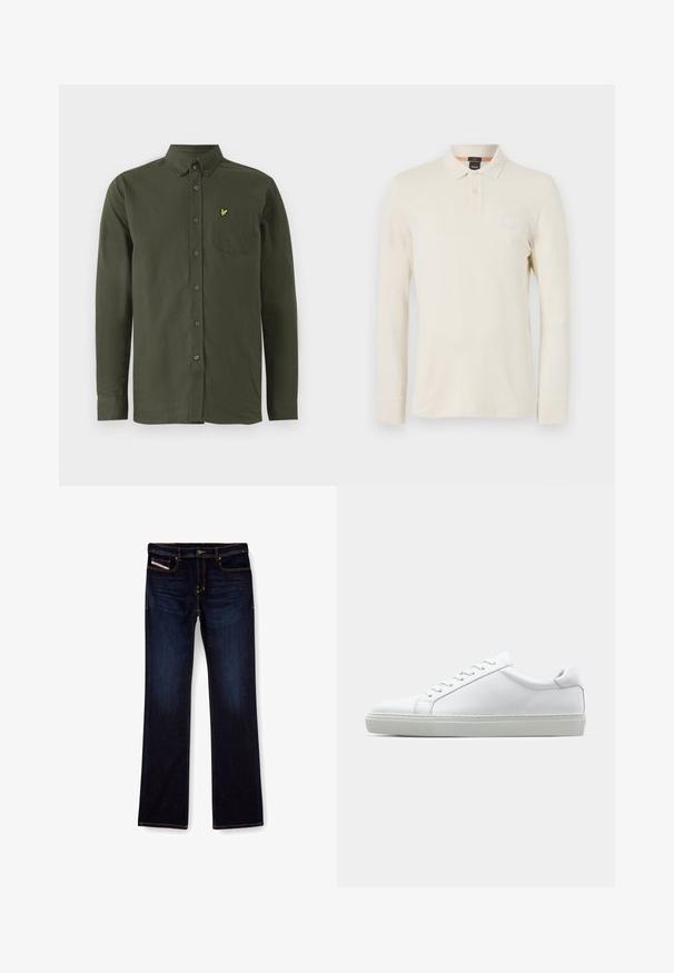 Ciemnozielona, długosleeve koszula zapinana na guziki z kołnierzykiem zapinanym na guziki, kieszenią na piersi oraz małym, żółtym haftowanym logo ptaka na kieszeni.; Koszulka polo z długim rękawem w jasnym beżowym kolorze, wykonana z gładkiego materiału, z kołnierzykiem polo, zapięciem na dwa guziki oraz małą naszywką z logo na piersi.; Granatowe dżinsy typu denim z prostą nogawką, ozdobione pomarańczowymi przeszyciami, z zamkiem błyskawicznym i przednimi kieszeniami. Gładka tekstura oraz standardowy pas.; Białe sneakersy z gładką skórzaną cholewką i niskim profilem. Posiadają okrągły nos, sześć dziurek na sznurówki oraz teksturowaną gumową podeszwę.