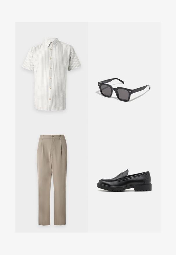 Korte mouwen shirt in lichtgroen en witte strepen, met een button-down kraag en houten knopen aan de voorkant. Zacht, ademend materiaal.; Witte mouwloze tanktop van ribgewoven katoen. Heeft een ronde halslijn en een gladde textuur. Etiket leest "PULL&BEAR."; Khaki broeken met een rechte pijpdesign, voorzien van een knoopsluiting en een geplooide voorkant. Gemaakt van gladde stof met een matte afwerking.; Zwarte leren instappers met een ronde neus, slip-on ontwerp en dikke rubberen zool met een gestructureerde grip. Verhoogde hak en subtiele stikdetails.; Zwarte rechthoekige zonnebril met donkere lenzen, voorzien van een dik montuur, subtiele accenten aan de zijkanten en zonder zichtbare logo's behalve de merknaam.; Metalen kwarts horloge met een zwarte wijzerplaat, witte cijfers en een datumweergave. Voorzien van een roestvrijstalen band en een waterbestendigheid van 100 meter.