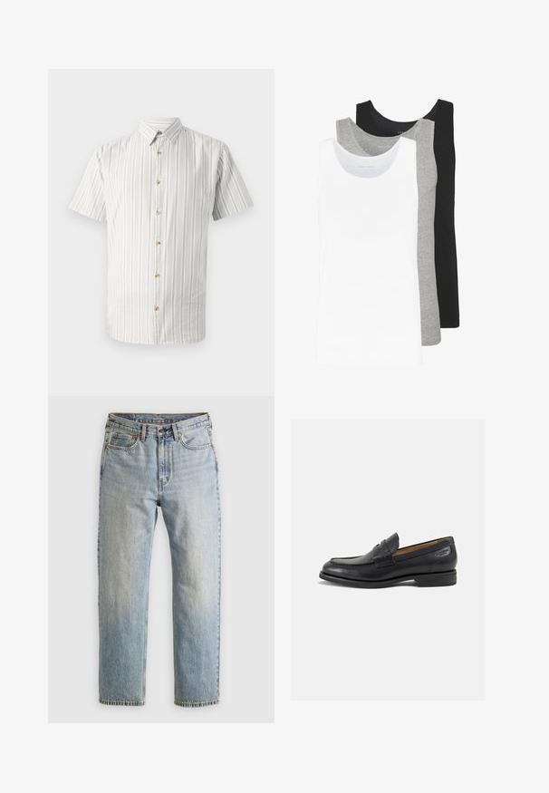 Korte mouwen shirt in lichtgroen en witte strepen, met een button-down kraag en houten knopen aan de voorkant. Zacht, ademend materiaal.; Drie tanktops in wit, grijs en zwart. Elke tanktop heeft een klassiek mouwloos ontwerp, gemaakt van lichtgewicht katoen met een ribbelstructuur.; Lichtblauwe denim jeans met hoge taille, frontknop, rits en vijfzakkenontwerp, plat gelegd op een neutrale achtergrond.; Zwarte leren loafers met een gladde afwerking, ronde neus en decoratieve stiksels op de wreef. Lage gestapelde hak en een lichte glans.