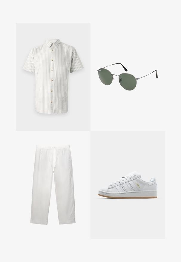 Camicetta a maniche corte a righe verdi chiaro e bianche, con colletto button-down e bottoni in legno sul davanti. Tessuto morbido e traspirante.; T-shirt bianco in cotone con maniche corte, scollo rotondo e vestibilità rilassata. Texture liscia senza pattern o dettagli visibili.; Pantaloni bianchi in lino con cintura elastica e cordoncino, design a gamba ampia e cuciture pulite. Texture liscia con vestibilità casual.; Sneaker bianca con design a tre strisce perforate, dettagli testurizzati, suola in gomma e logo "CAMPUS" in oro sul lato.; Occhiali da sole con montatura in metallo e lenti verdi ovali. Montatura sottile in metallo argento e terminali neri. Design minimalista, senza loghi visibili.