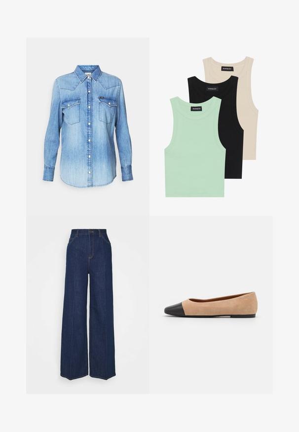 Lys blå denimskjorte med lange ærmer, spids krave, to brystlommer, knaplukning foran og let udtoning på stoffet. Mærkeskilt synligt.; Tre tank toppe i mintgrøn, sort og beige; lavet af ribbet stof med rund hals og uden ærmer. Mærket er synligt.; Høj talje, vid ben, mørkeblå denim jeans med for- og baglommer, knaplukning og synlige syninger.; Beige ruskind balletflade med en sort læder rund tåkap, lav hæl og glat tekstur, der har minimal syning og et enkelt design.