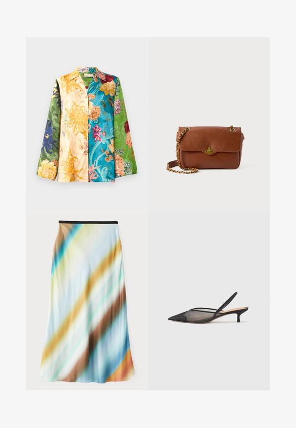 Multicolor květinová košile s dlouhými rukávy, v odstínech žluté, zelené, modré a fialové. Materiál má hladkou texturu a lesk.; Midi sukně z lehkého, splývavého materiálu. Má gradientní vzor s diagonálními pruhy v modré, hnědé a krémové barvě. Černý pas.; NEOUS IRENA - Klasické lodičky - black; Hnědá kožená crossbody taška s klopovým zavíráním, zlatými kovovými detaily a řetízkovým popruhem. Hladká textura, obdélníkový tvar, minimální zdobení.