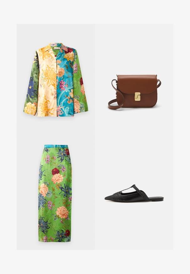 Többszínű virágmintás ingdzseki hosszú ujjakkal, sárga, zöld, kék és lila árnyalatok keverékével. Az anyag sima tapintású és fényes.; Zöld selyem midi szoknya, színes virágmintákkal rózsaszín, kék és piros árnyalatokban. Teal színű derékpánttal és finom mintázattal díszítve.; Fekete bőr slingback cipő hegyes orral, szőtt díszítéssel és redőzött felső dizájnnal. Lapos talp minimális hardverrel.; Barna bőr kézitáska, hajtókás zárással, arany színű fém kiegészítőkkel, vállpánttal és sima felülettel. Kompakt téglalap alakú.