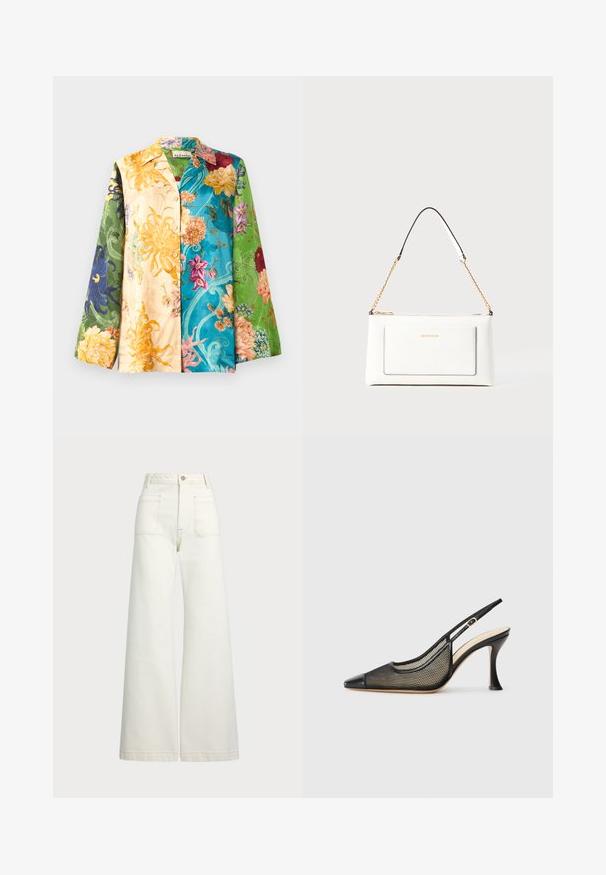 Multicolor floral shirt jacket with long sleeves, featuring a mix of yellow, green, blue, and purple hues. Fabric has a smooth texture and sheen.; Wide-leg jeans in off-white denim. High-waisted design with a button closure, two front pockets, and contrast stitching details.; Black slingback high-heeled shoe featuring a pointed toe, mesh detailing, and a smooth leather cap. Colors include black and beige accents.; White leather handbag with a textured finish, featuring a gold chain strap and black accents. Includes a front pocket and zipper closure.