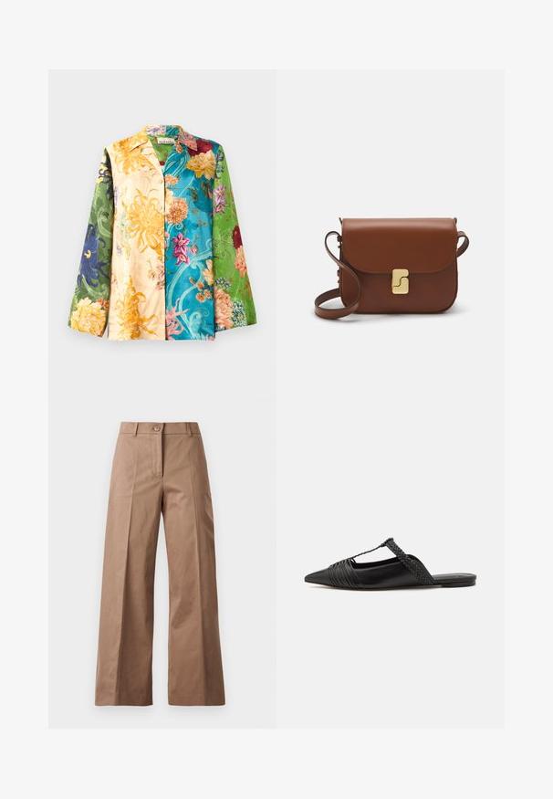 Mitmevärviline lilleline särk-jakk pika varrukaga, mis sisaldab kollase, rohelise, sinise ja lilla toone. Kanga pind on sile ja läikiv.; Pruunid lai jalgadega püksid, mis on valmistatud siledast kangast, esise nööbiga kinnitusega, kahte esist taskut ja puhtaid, vormitud jooni.; Must kuulsad nahast kandadega kingad, millel on terav nina, koos kootud detaili ja volditud ülaosaga. Lame tald minimaalse riistvaraga.; Pruunist nahast käekott, millel on klapiga sulgur, kuldne riistvara, õlarihm ja sile tekstuur. Kompaktne ristkülikukujuline vorm.