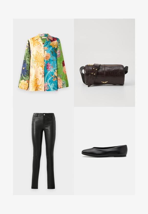 Obleka s cvetnim vzorcem v večbarvnih tonih, z dolgimi rokavi, ki vključuje mešanico rumene, zelene, modre in vijolične barve. Tkanina ima gladko teksturo in sijaj.; Črne usnjene hlače s prilegajočim dizajnom, gladko teksturo, srednje višjim pasom in subtilnimi šivi. Zasnovane so s sprednjimi žepi in kovinsko gumbom.; Paul Smith TOPANGA - Balerinke - black; Brah blaženka iz rjavega usnja z embosiranim krokodilom, cilindrične oblike, zlatih kovinskih elementov in odstranljivim pasom, ki vsebuje žebljičke.