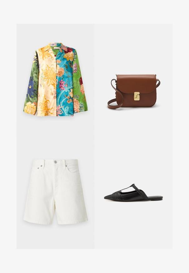 Többszínű virágmintás ingdzseki hosszú ujjakkal, sárga, zöld, kék és lila árnyalatok keverékével. Az anyag sima tapintású és fényes.; Fehér farmer sort egyenes szabással, öt zsebbel, elülső gombos záródással, ezüst színű fémrészletekkel és varrt díszítéssel.; Fekete bőr slingback cipő hegyes orral, szőtt díszítéssel és redőzött felső dizájnnal. Lapos talp minimális hardverrel.; Barna bőr kézitáska, hajtókás zárással, arany színű fém kiegészítőkkel, vállpánttal és sima felülettel. Kompakt téglalap alakú.