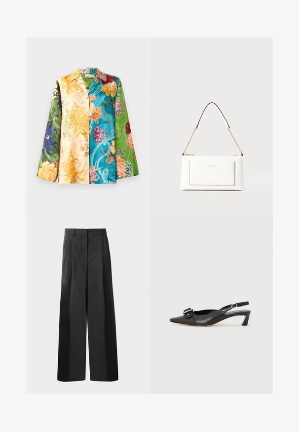 Pestré kvetinové sako s dlhými rukávmi, obsahujúce zmes žltých, zelených, modrých a fialových odtieňov. Tkanina má hladkú štruktúru a lesk.; Čierne široké nohavice s vysokým pásom, so záhybmi vpredu, hladkou textúrou a prispôsobeným strihom. Navrhnuté pre uvoľnený strih.; Čierne kožené sandále s úzkym prstom, malým opätkom a dekoratívnou sponou na vrchnej časti. Hladká textúra, minimalistický dizajn.; Biele kožené kabelka s textúrovaným povrchom, ktorá má zlatý retiazkový popruh a čierne akcenty. Obsahuje prednú kapsu a zipsové zapínanie.