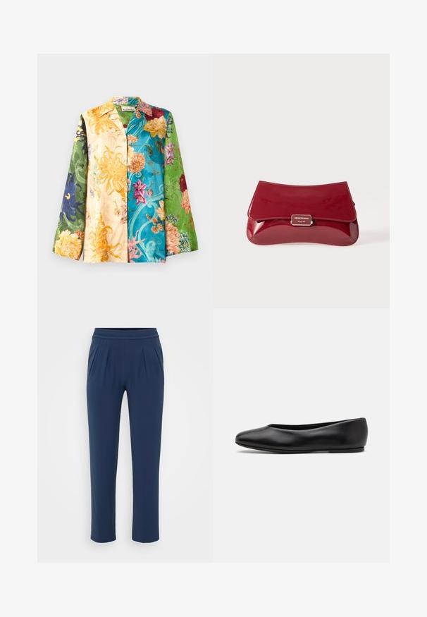 Multicolor floral shirt jacket with long sleeves, featuring a mix of yellow, green, blue, and purple hues. Fabric has a smooth texture and sheen.; Navy blue high-waist pants with an elastic waistband, straight wide legs, and side pockets, displayed against a plain background.; Paul Smith TOPANGA - Ballet pumps - black; Red patent leather clutch bag with a curved design, fold-over flap, and a metal logo accent on a silver plaque. Smooth, shiny texture.