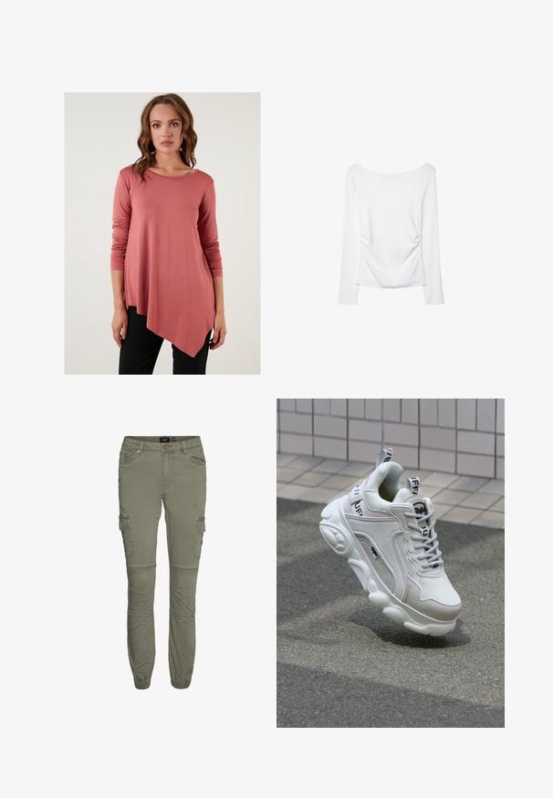 Rosa långärmad topp med asymmetrisk nederkant, mjukt tyg och rundad halsringning, tillsammans med svarta byxor. Inga synliga mönster eller detaljer.; Vit långärmad topp med vid halsringning och rynkdetalj bak. Slät textur, figurnära design.; Olivgrön cargobyxor i hållbar bomullsblandning med smalnande avslut, flera fickor och knäveck för ökad rörlighet.; Vit sneaker med nät- och lädermaterial, rund tå, tjock sula, framträdande snören och branding på hälen och tungan.