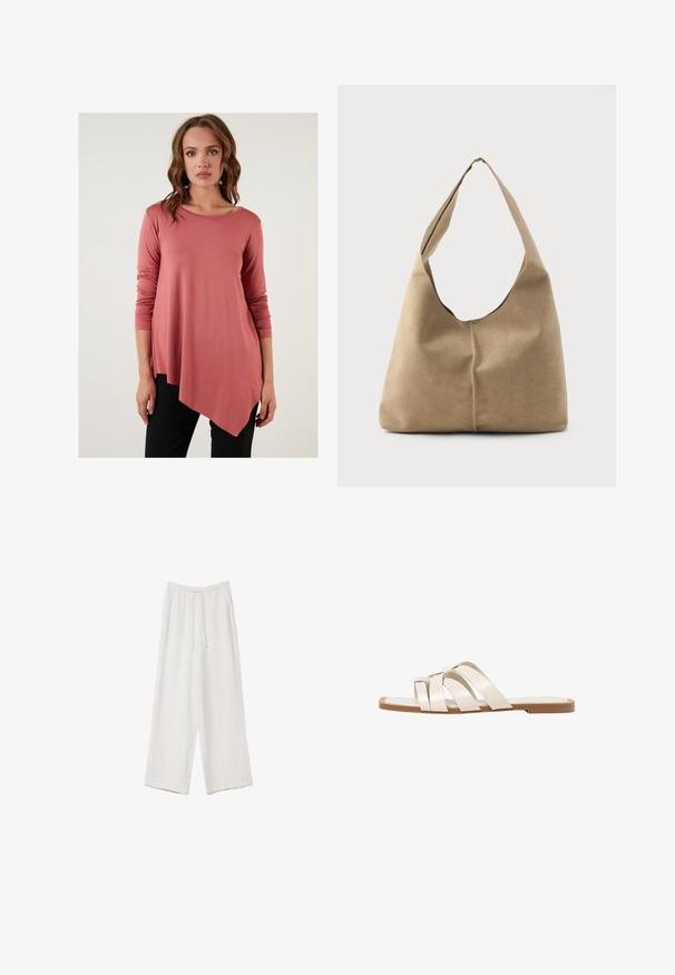 Lyserød langærmet top med en asymmetrisk nederkant, blødt stof og rund halsudskæring, paired med sorte bukser. Ingen synlige mønstre eller detaljer.; Hvide bukser med bred benlængde lavet af et letvægtsstof. Har et elastisk talje med snor og sidelommer. Glat tekstur.; Flade sandaler med en lys gummisål, designet med tre overlappende hvide læderremme og en lille sløjfe detalje i midten.; Hobo taske i blød beige ruskind med en afslappet form, bred skulderrem og håndsyet sømdetalje langs fronten.