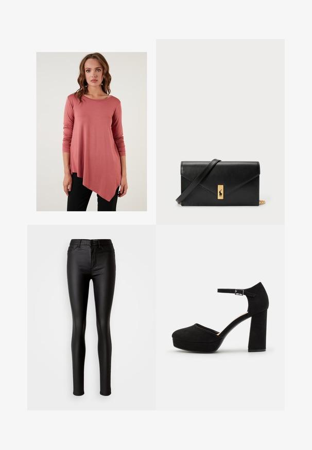 Ružovo-rôzová dlhá blúzka s asymetrickým lemom, mäkký materiál a okrúhly výstrih, kombinovaná s čiernymi nohavicami. Žiadne viditeľné vzory ani akcenty.; Čierne skinny jeans z umelého kože s hladkou textúrou, vysokým pásom, zapínaním na gombík a tradičným päťvreckovým dizajnom.; Čierne semišové platformové opätky s hrubým blokovým opätkom, zaoblenou špičkou a remienkom okolo členka zabezpečeným kovovou prackou. Hladký povrch po celom obvode.; Čierna kožená peňaženka s preklápacou klopou, zlatými kovovými detailmi a logom. Obsahuje odnímateľný popruh na nosenie.