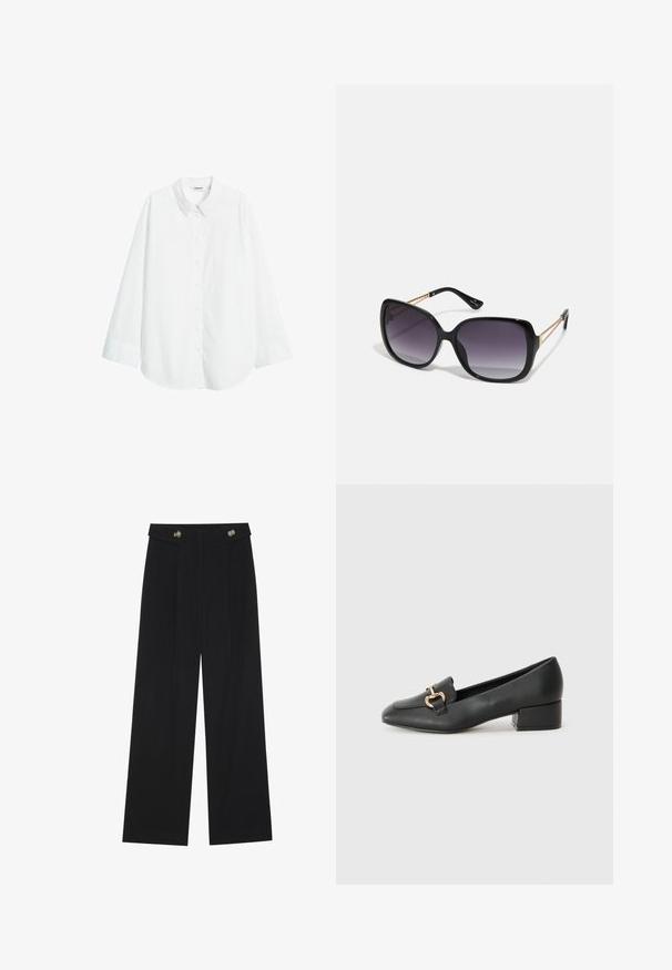 Weißes Langarmhemd aus einem weichen Stoff, mit einer knöpfbaren Vorderseite und einem klassischen Kragen. Bequeme Passform mit geradem Saum.; Schwarze weite Hosen mit hoher Taille, Knopfdetails am Bund und vorderen Falten.; Schwarze Lederloafers mit flachem Absatz, die auf der Vorderseite ein dekoratives goldfarbenes Hardware-Detail und eine glatte Textur aufweisen.; Schwarze übergroße Sonnenbrille mit getönten Gläsern, dicken Rahmen und goldfarbener Kettendetaillierung an den Bügeln.; Schwarze Handtasche mit strukturierter Form, glatter Textur und einem metallischen Verschluss. Kombiniert mit weiten schwarzen Hosen und offenen Sandalen auf einem Holzboden.