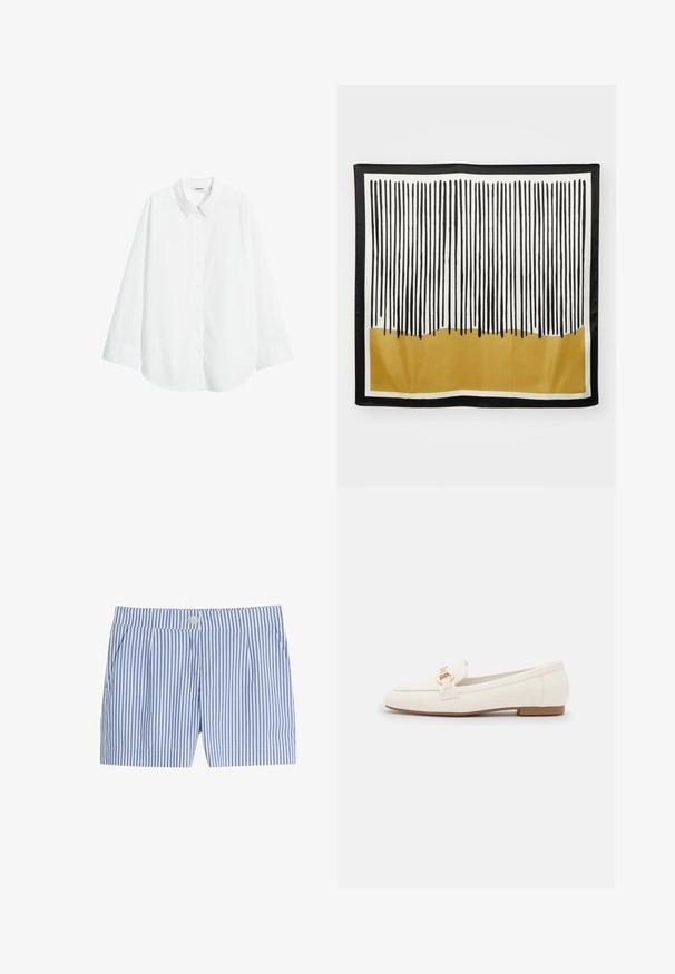 Weißes Langarmhemd aus einem weichen Stoff, mit einer knöpfbaren Vorderseite und einem klassischen Kragen. Bequeme Passform mit geradem Saum.; Blaue und weiße gestreifte Shorts mit Knopfverschluss, Falten und einer glatten Stofftextur. Kurze Länge mit Seitentaschen.; Weiße Lederloafers mit flacher Sohle, ausgestattet mit einer goldfarbenen Schnallenverzierung und einer glatten Oberfläche. Klassisches Design mit schlichten Linien.; Seidenschal mit vertikalen schwarzen Linien auf weißem Hintergrund, einem goldenen unteren Abschnitt und einem soliden schwarzen Rand.; Goldfarbene, kugelförmige Ohrringe mit einer glänzenden, reflektierenden Oberfläche. Das Design ist schlicht und glatt, was einen modernen, minimalistischen Look erzeugt.