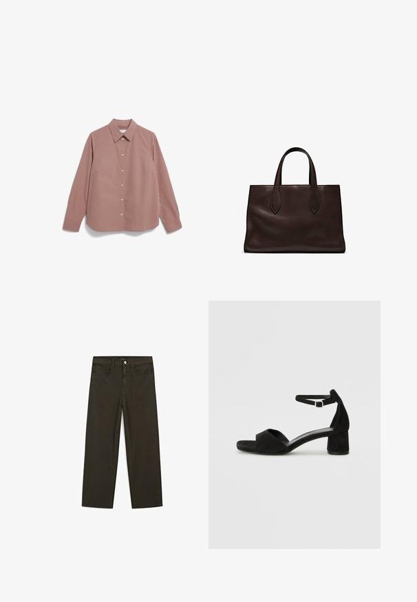 Gestreifte Button-Up-Bluse in Rost und Creme, mit klassischem Kragen, langen Ärmeln und einer lockeren Passform mit geradem Saum.; Dunkelgrüne Jeans im weit geschnittenen Style, hergestellt aus einem Baumwollgemisch. Sie verfügen über einen Frontknopfverschluss, fünf Taschen und klassische Denim-Nähte.; Schwarze Wildleder-Espadrilles mit einem dünnen Knöchelriemen, offener Zehenpartie und moderatem Blockabsatz. Glatte Textur und minimale Akzente.; Braune Ledertasche mit zwei langen Griffen, strukturierte rechteckige Form, glatte Textur und dezente Nähdetails.