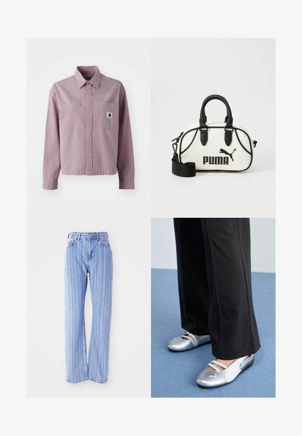 Ljusrosa skjorta med knappar, mönstrad textur, långa ärmar, en bröstficka och en liten logotags på fickan.; Ljust blå denimjeans med vertikala vita ränder, hög midja, lös passform, fem fickor och knappknäppning.; Silver- och vita platta skor med korsade remmar och texturerad detalj, kompletterat med lösa svarta byxor. Ställt mot ett blått golv.; Vit handväska med svarta detaljer, prydd med en Puma-logotyp. Korta, rundade handtag och en avtagbar rem, tillverkad av strukturerat syntetmaterial.