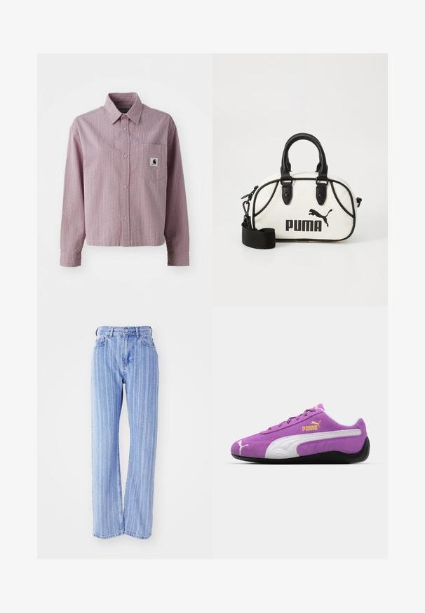 Camicia button-up rosa chiaro con un motivo testurizzato, maniche lunghe, tasca sul petto e una piccola etichetta con logo sulla tasca.; Jeans in denim azzurro chiaro con strisce bianche verticali, vita alta, vestibilità morbida, cinque tasche e chiusura a bottone.; Scarpe da ginnastica in suede viola con accenti bianchi, logo "Puma" dorato, design testurizzato e suola in gomma nera. Stile atletico low-top.; Borsa bianca con dettagli neri, con logo Puma. Manici corti e rotondi e tracolla staccabile, realizzata in materiale sintetico testurizzato.