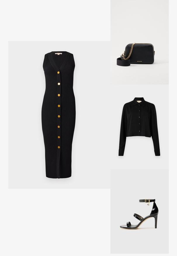 Melnas īsās piedurknes krekls ar garām piedurknēm, smailu apkakli un pogu aizdari. Izgatavots no gludas auduma ar brīvu piegriezumu un piedurkņu apakšām.; Melnas ribotu adījumu kleita ar V formas izgriezumu, bez piedurknēm un ar zelta tonī pogām uz priekša, ar pieguļošu siluetu.; Melnas lakota ādas sandalēs ar trim siksnām, potītes sprādzi un 4 collu stiletto papēdi. Iespējas ar zelta detaļām un logotipa piekariņu.; Melna ādas krustsomu soma ar zelta ķēdes akcentiem, rāvējslēdzēju aizdari un noņemamu auduma siksnu. Uz priekšpuses redzams Michael Kors logo.