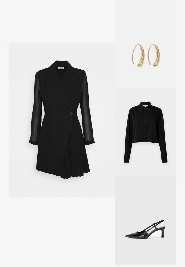 Svart forkortet skjorte med lange ermer, spiss krage og knappelukking foran. Laget av glatt stoff med en avslappet passform og oppbrettede ermer.; Svart skreddersydd kjole med blazerstil topp, gjennomsiktige lange ermer, enkel knappelukking og plisserte detaljer på skjørtet.; Sorte patent slingback hæl med spids tå, featuring tekstureret slangeskind, justerbar rem og en kort, tekstureret blokhæl.; Svart skinn crossbody veske med to frontlommer, gyldne spenner, glidelåslukking og en slank stropp. Teksturert overflate og kompakt rektangulær form.; Gullfargede metalløredobber med en buet, forlenget form. Har en jevn, blank overflate og en avrundet tupp for ekstra detaljer.